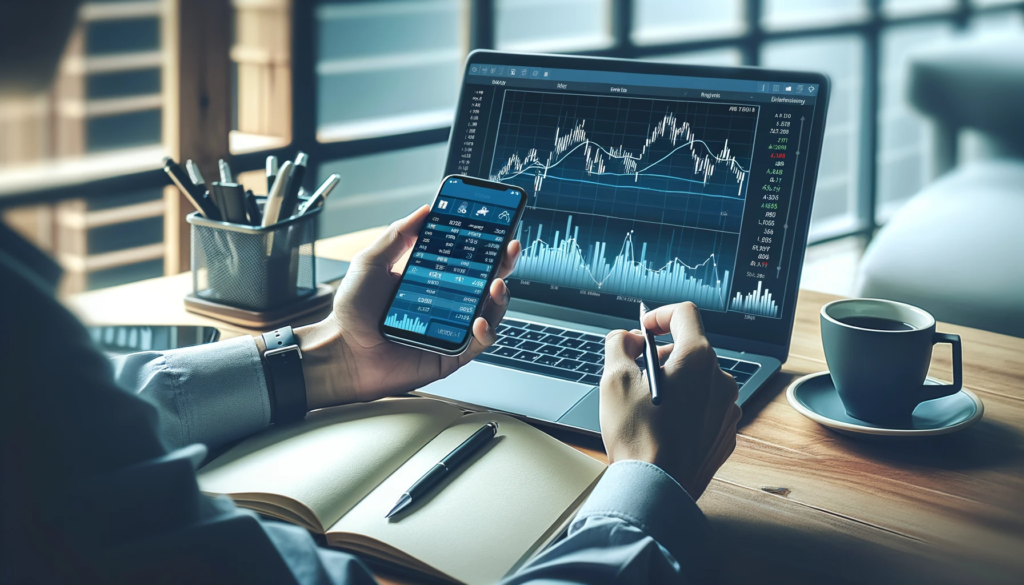 A professional investor is analyzing stock market trends with AI Maverick on a leading trading app on their smartphone and a laptop in a contemporary workspace with a cup of coffee.