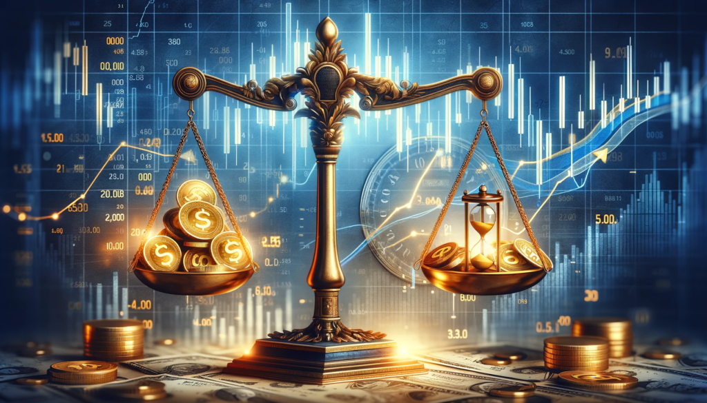 A digital illustration of a balance scale with golden coins representing undervalued stocks on one side and an hourglass on the other, set against a backdrop of financial charts and graphs.